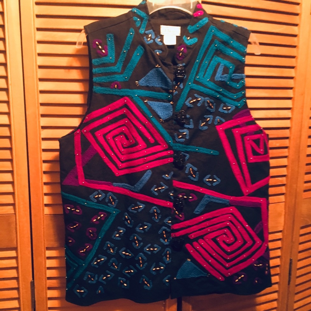 Vintage J.A. Resorts Black Vest with Colorful Appliqués & Embellishments